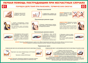 Таблица "Порядок действий при ранениях и термических ожогах" (100х140 сантиметров, винил) - fgospostavki.ru - Владивосток